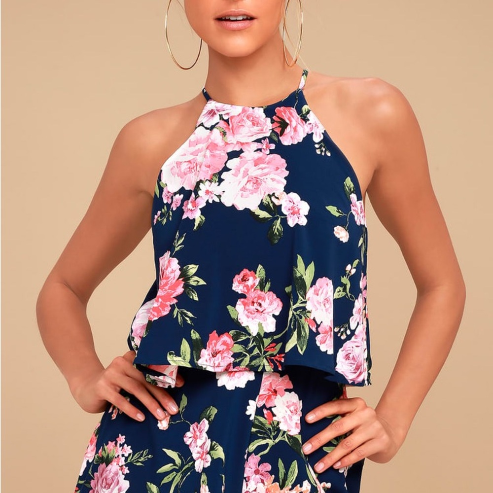 Lulu's In the Garden Navy Blue Floral Print Romper